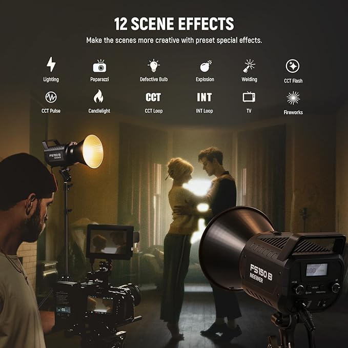 NEEWER FS150B LED Video Light 2.4G/APP Control,130W Bi Color COB Silent Photography Continuous Output Lighting with 4 Types Precise Dimming, 72000lux/1m, 2700K-6500K, CRI 97+,12 Effects, Bowens Mount - Image 6