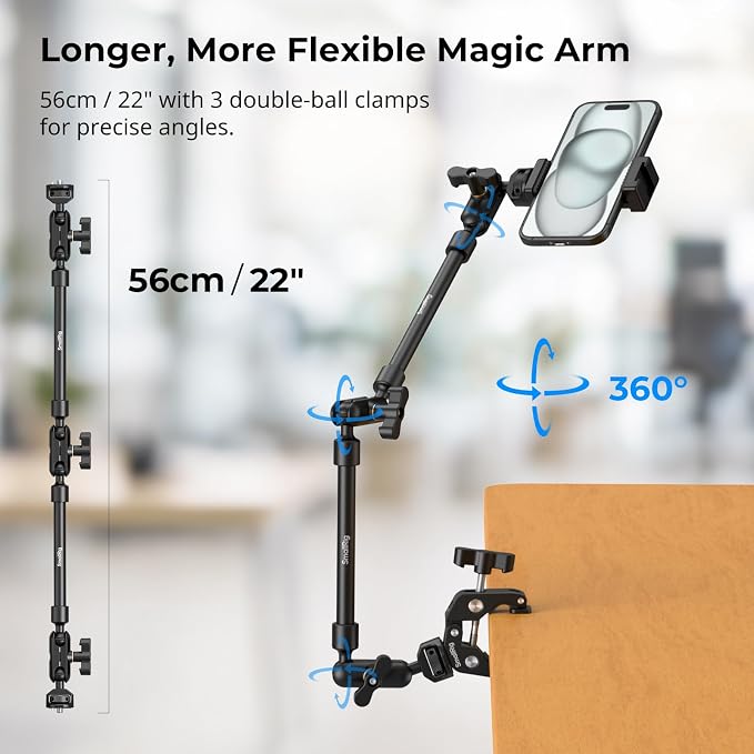SMALLRIG 22" Magic Arm Clamp, Overhead Phone Mount Holder Stand, Flexible Desk Camera Mount, Articulating Friction Boom Arm, for POV Shot, Filming, Light, Webcam, Action Camera - Image 3