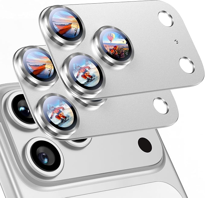 Uyiton for iPhone 17 Pro Max Camera Lens Protector, Metal Frame Glass Cover | Not Easy to Break, Strong Adsorption, Case-Friendly, Metal 9H Sapphire Glass Rear Camera Screen Cover, Silver, 2 Packs by Uyiton
