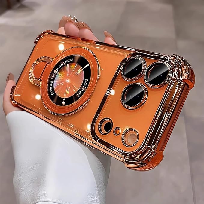 for iPhone 17 Pro Clear Case with Magnetic Ring Stand, [Compatible with MagSafe] Shockproof Kickstand Plating Soft Case with Camera Lens Protector Girls Woman Cover for 17 Pro 6.3", Orange - Image 4