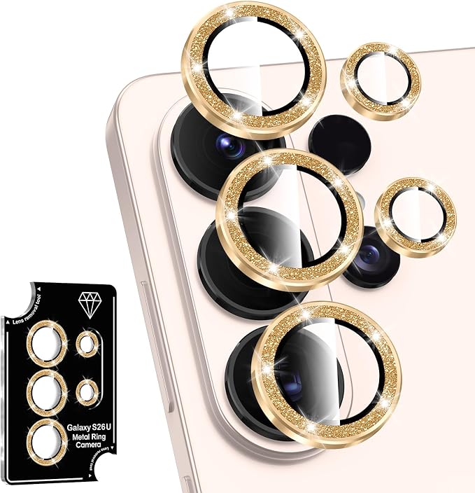 for Samsung Galaxy S26 Ultra Camera Lens Protector, Individual Metal Ring Tempered Glass Lens Cover, [Strong Adsorption] Scratch Resistant Ultra-Thin HD Clear Lens Cover, 1 Set-Gold Sparkly by Btscase