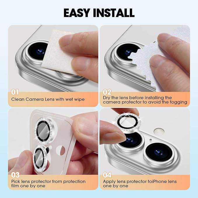 for iPhone 16/16 Plus Camera Lens Protector Bling Diamond, Silver | Individual Metal, 9H Hardness, Scratch Resistant, Shockproof, Drop Protection, Case Friendly, Stylish Accessories - Image 7