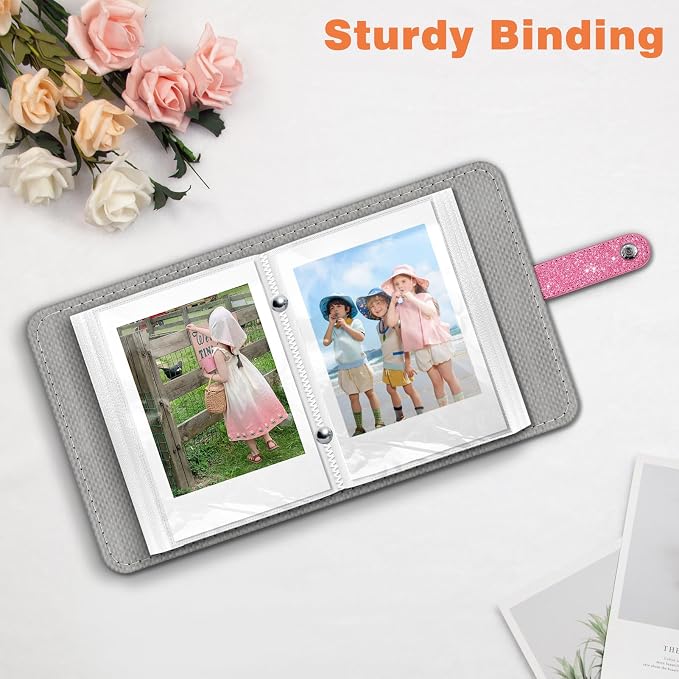 Fintie Mini Photos Album Book for 2x3 Inch Films - 52 Pockets Small Albums | For Fujifilm Instax Mini, Polaroid Hi-Print Pictures, Portable Kpop Photocard Holder, Travel Memory Book, Glittering Pink - Image 5