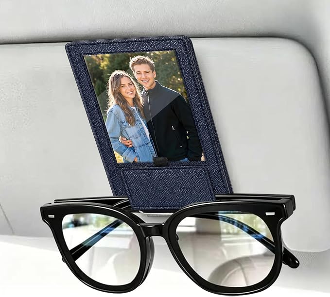 2-in-1 Car Visor Sunglasses & Photo Holder, Magnetic PU Leather Glasses Clip with Picture Display Slot, Universal Sun Visor Organizer for Eyeglasses, Personalized Cards & Memories, Navy by Unknown