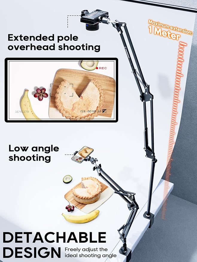CACENCAN Overhead Camera Mount, 5lb Horizontal Load-Bearing, 360° Adjustable Stand for Desk, Flexible Arm Desk Mount, with Phone Clamp, Tabletop Mount for DSLR Camera/Webcam/Microphone（White - Image 4