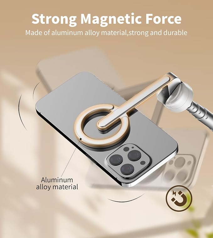 TONEOF 68" Magnetic Aluminum Phone Tripod Selfie Stick for iPhone & Android | Rechargeable Remote,360° Rotatable Foldable Cell Phone Stand Holder with Metal Ring,Travel Tripod for Magsafe (Beige Gray) - Image 3