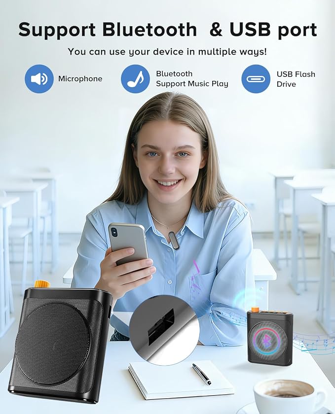 Voice Amplifier for Teachers with 2 Magnetic Lavalier Mics, Black | Bluetooth Portable Rechargeable Speaker for Classroom, Meetings, Tour Guide Speeches, Public Speaking, Coaches, PA System - Image 3