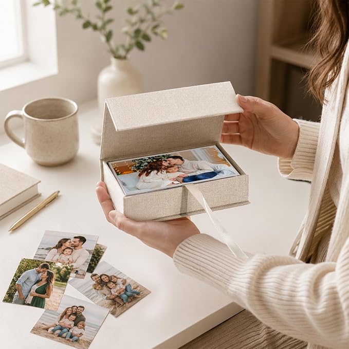 Vienrose Small Photo Storage Box, 4"x6", Linen Postcard Keeper, Beige | 1Pc Sturdy Linen Cover Box for Photos, Postcards & Sticker Storage, Perfect for Home, Office, Craft Room, and Travel - Image 3