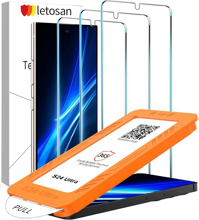 letosan 3 Pack Screen Protector for Samsung Galaxy S24 Ultra Tempered Glass, Military Grade Shatterproof, 9H Hardness, Auto Alignment Frame 6.8 Inch by letosan