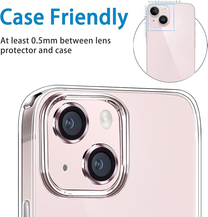 for iPhone 13 Mini/iPhone 13 Camera Lens Protector, Anti-Scratch 9H Tempered Glass Metal Camera Screen Protector Shockproof Cover Film Ring -2 Pcs Pink - Image 2