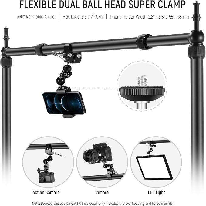NEEWER Overhead Camera Mount Rig with 2 Ball Heads, Super Clamp, NK002 | Mobile Phone Holder, Camera & Multi Device Desk Mount, Platform Overhead Tripod, Adjustable Height Width, Max Load 12 kg - Image 4