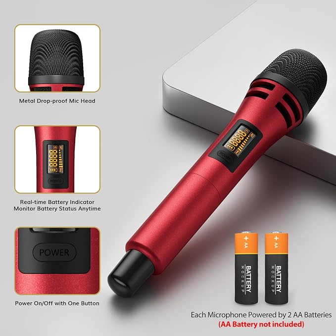 TONOR Wireless Microphones System, Handheld Microfono Inalambrico, Red | 4x10 Channels Cordless Mics, 60 m/200FT UHF Range with Stable Signal Transmission for Karaoke Singing Party Church Wedding - Image 5