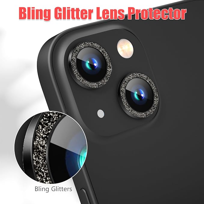 AGVEE 3+3 6 Pack for iPhone 15/15 Plus Camera Lens Protector Cover | Individual Bling Diamond & Bling Glitter Sparkle Cute Gem Metal Ring, 9H Tempered HD Glass - Image 5