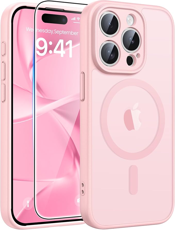 FNTCASE for iPhone 15 Pro Max Case, Fit for Magsafe, Glass Screen Protector | Full Camera Protection, Translucent Matte, 14FT Military Grade Drop Proof, Shockproof Protective Phone Cover, Light Pink by FNTCASE