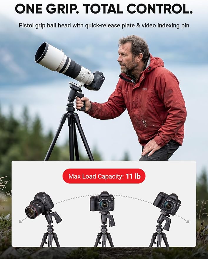 Sunpak 61" Aluminum Video & Camera Tripod with Pistol Grip Ball Head Stand | Lightweight, durable 61" tripod with self-leveling rubber feet, bull's-eye level, and geared center column. - Image 4