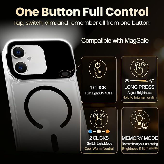 for iPhone 16 Case with Selfie Light, 3 Color Modes (Black) | Compatible with MagSafe,Brightness Control, Memory Setting, USB-C Light Charging, Cable Included - Image 4