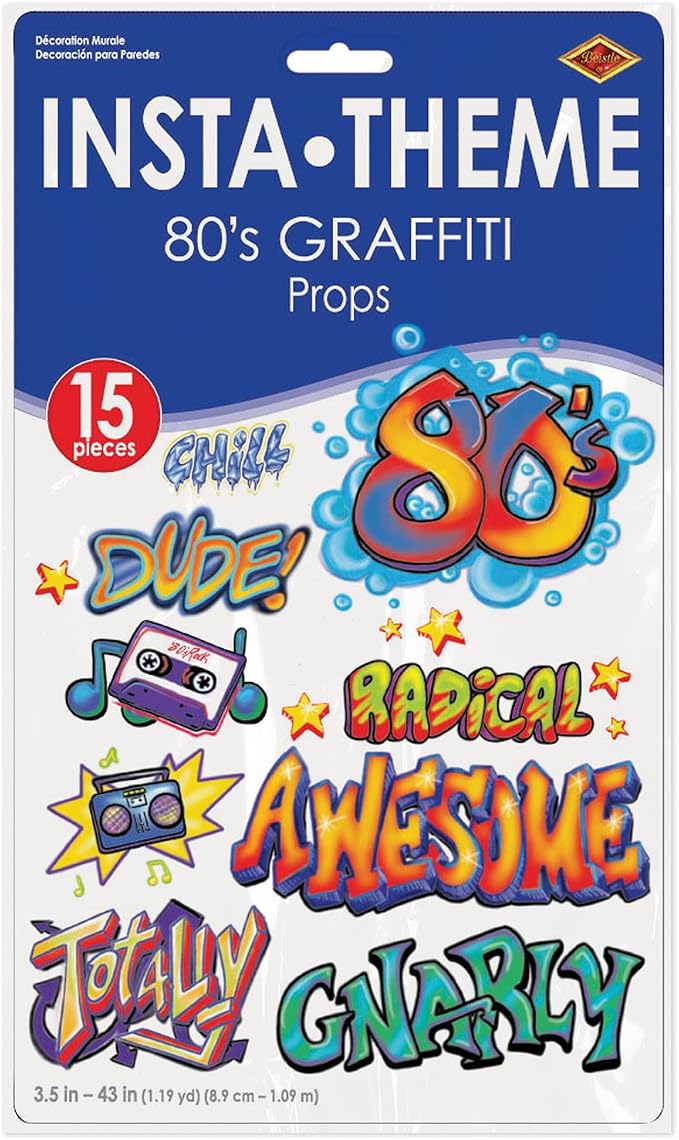 Beistle 80's Grafitti Props, 15 Pieces, 3"-3' 7" - Printed Plastic 1980's Themed Party Decor, Decade Backdrop Cut Outs - Image 4