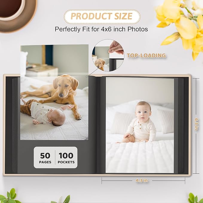 Popotop 4x6 Photo Album Holds 100 Pictures, Vegan Leather Hardcover | 100 Photos Capacity, Acid-Free Clear Slip-In Pockets, Compact Format, Front Photo Window, Gifts for Family Wedding Baby - Image 3