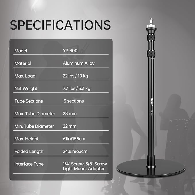 YP-300 Light Stand, 61” Monopod for Camera, LED Light, Heavy Duty Aluminum Alloy 28mm Tubes Metal Round Base with 1/4” Screw, 3/8” Screw & Light Mount Adapter Studio Stage - Image 7
