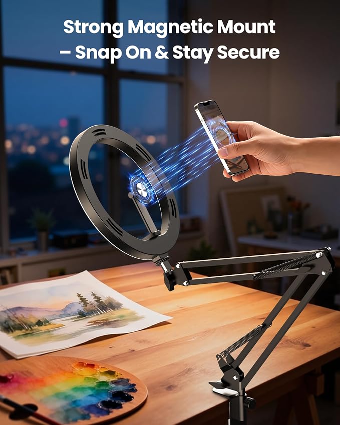 Magnetic Ring Light Overhead Camera Phone Mount for Desk, 10” Selfie Light for iPhone with MagSafe-Compatible Phone Holder for Video Recording, Zoom Meeting, Live Streaming - Image 2