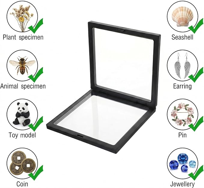 10Pcs 3D Floating Frame Display Case, 7x7x0.8 inch Transparent PE Film Suspension Storage Box with Stands, Floating Frame Display Holder Stand for Jewelry Coins Medals Collectibles, Fossils - Image 3