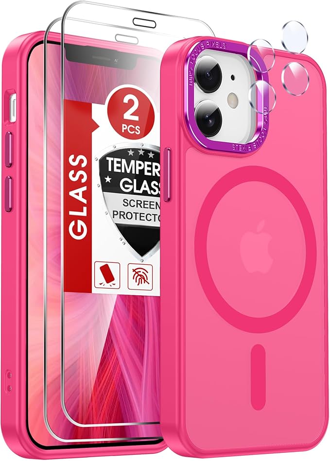 LeYi for iPhone-13 Mini Phone Case/iPhone-12 Mini Case:[ Screen Protector X2+ Camera Cover X2] Compatible with Magsafe i 13mini 12mini Cases Slim Magnetic Protective Rugged Fundas para, Hot Pink by LeYi