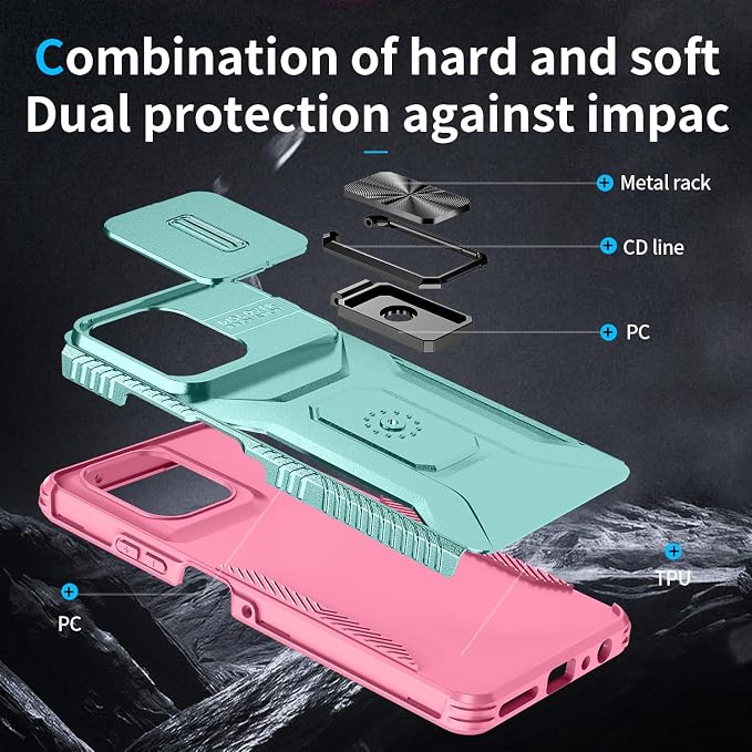 for Moto G Play 5G 2025 Case with Sliding Camera Lens Cover,HD Screen Protector,360° Rotating Ring Kickstand,AYMECL Military-Grade Shockproof Protective Cover for Motorola G Power 2025,Mint+Pink - Image 4