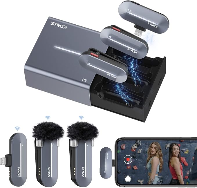 SYNCO P2L Wireless Lavalier Microphone for iPhone, Dual Lapel Mic with Noise Reduction, 9 Voice Effects, Charging Case, Plug & Play Mini Microphone for YouTube, Vlog & Live Streaming by SYNCO