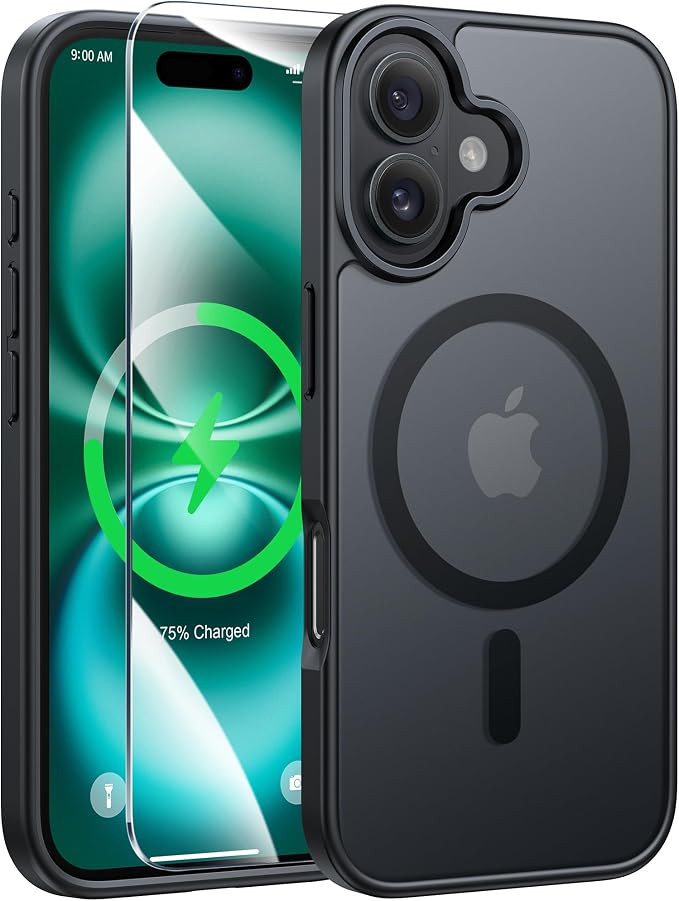 FNTCASE for iPhone 16 Plus Case, Fit for Magsafe, Screen Protector, Black | Translucent Matte Magnetic Back, 14FT Military Grade Drop Protection, Shockproof Protective Phone Cover by FNTCASE