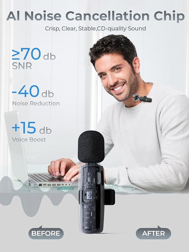 3-in-1 Wireless Microphone:20H Battery, 80ft | Microphone for iPhone & Android - DSP 3-Mode Noise Cancelling for Vloggers & Creators, No Dead Battery - Image 3