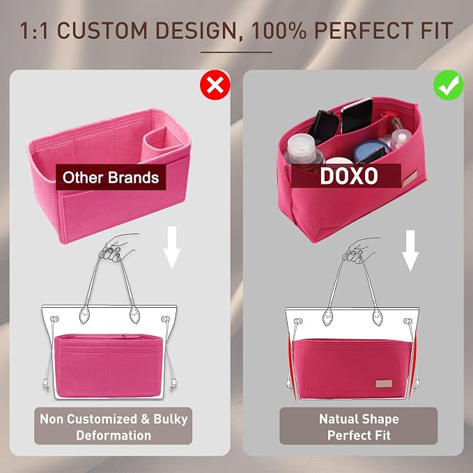 Doxo Purse Organizer Insert for Handbags & Base Shaper 2pc Set, Felt Neverfull PM Organizer Insert, Tote Bag Organizer with Zipper Pocket and Bottle Holder, Fit Neverfull PM and More, Rose-M - Image 5