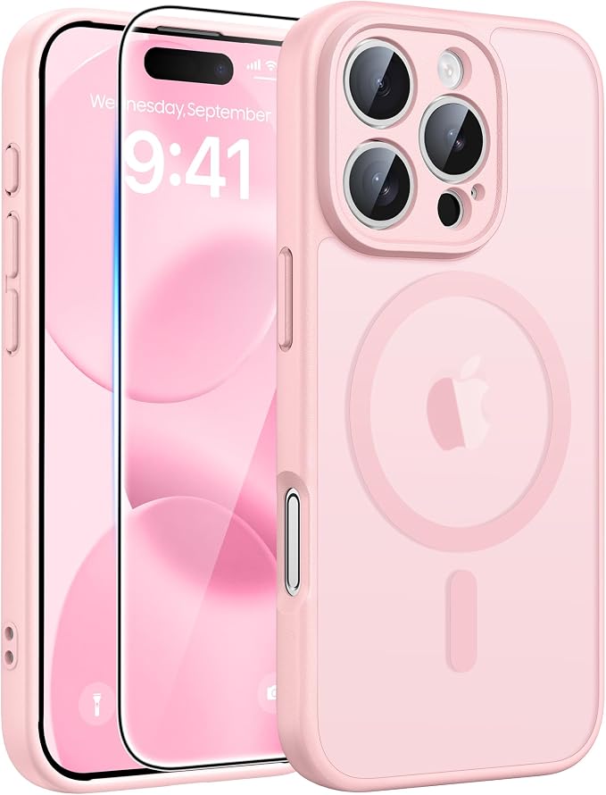FNTCASE for iPhone 16 Pro Max Case, Fit for Magsafe, Glass Screen Protector | Full Camera Protection, Translucent Matte, 14FT Military Grade Drop Proof, Shockproof Protective Phone Cover, Light Pink by FNTCASE