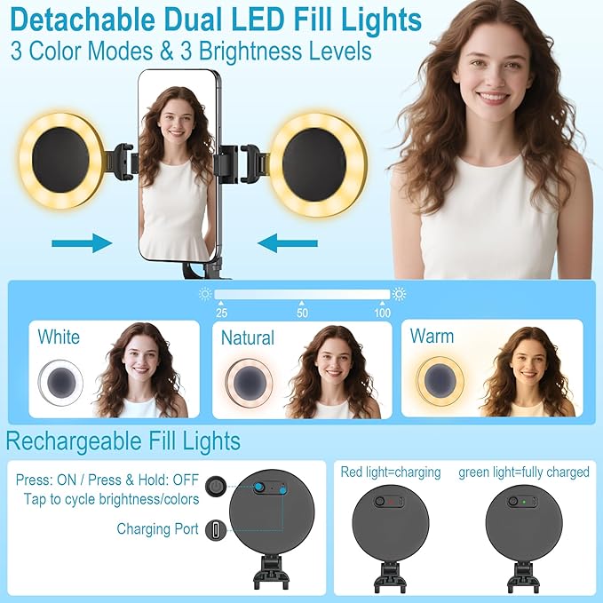 71" Content Creator Essentials Vlogging Kit - 2 Lights & 2 Mics | 360° Rotating Auto Face Tracking Tripod for iPhone/Android/Camera with Wireless Remote, No App for Vlog, Live, Video Record - Image 5