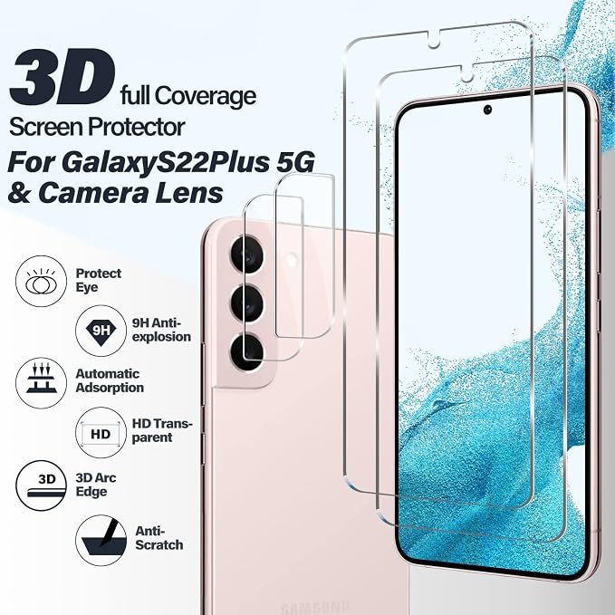 BIGFACE Galaxy S22 Plus Tempered Glass Screen Protector, 2 Pack, Anti-Scratch, Ultrasonic Fingerprint Unlock, Case Friendly, 9H Hardness - Image 2