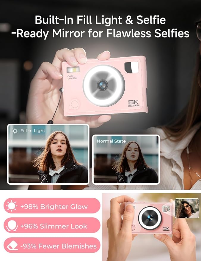 5K 64MP Autofocus Digital Camera, 360° Ring Light with 32GB SD Card | Dual front & rear cameras with 5 instant filters | One‑click skin smoothing | Pocket‑sized | 64MP stills capability - Image 3