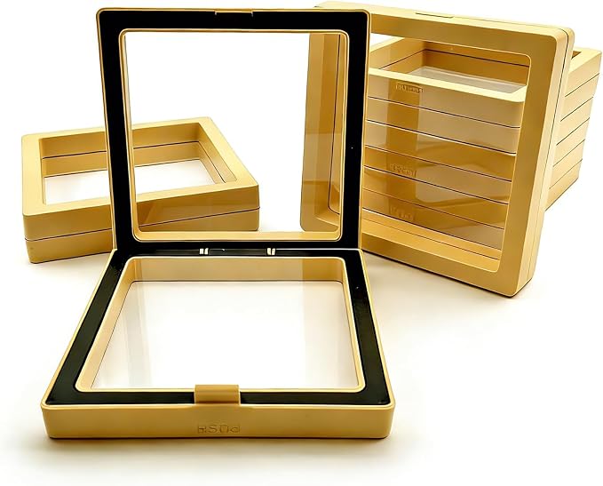 12 PCS Dual-Color Packaging Box 3D Floating Frame Display Stand, Color-Matching Packaging Display Box, Transparent Window Jewelry Case, PE Film Anti-Oxidation Storage Case. (Yellow+Black) - Image 2