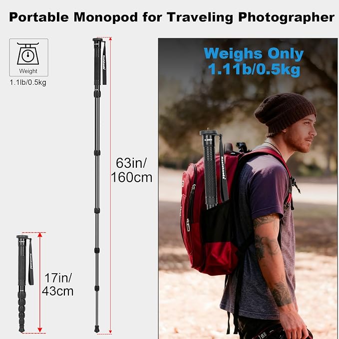 Koolehaoda 63" Aluminum Camera Monopod with Phone Stand | Portable Travel Photography Stick, Walking Stick Handle, Compatible with Canon, Nikon, Sony, Video Camcorder, DSLR - Image 2