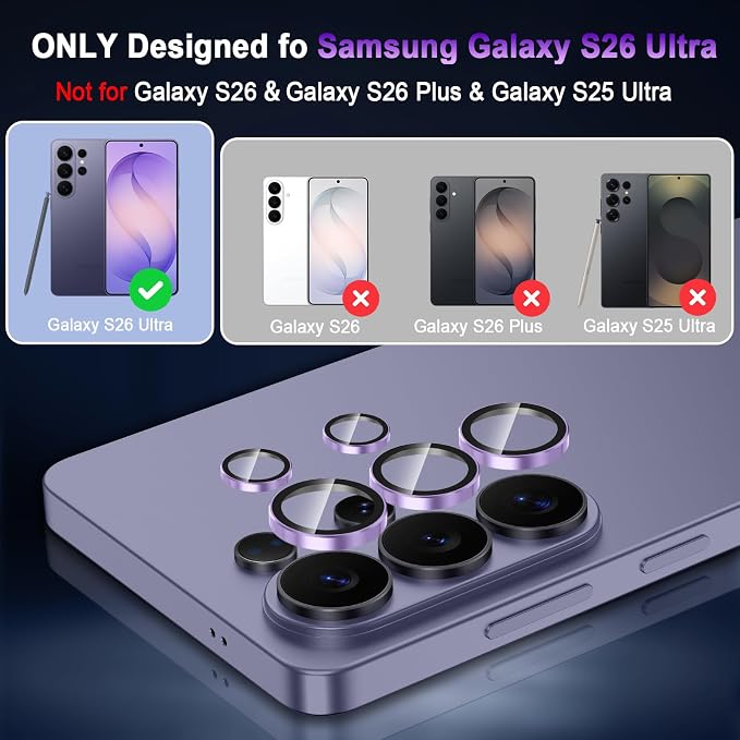 Meshine for Samsung Galaxy S26 Ultra Camera Lens Protector,Scratch Proof,Strong Adsorption,9H Hardness with Metal Ring Camera Cover,Ultra Thin Case Friendly, Accessories Lens Protector,Light Purple - Image 2