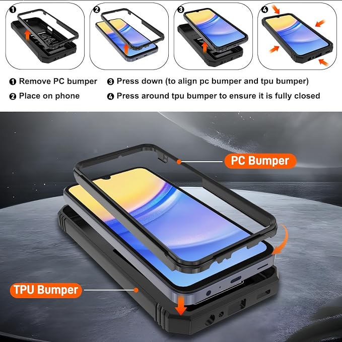 for Samsung Galaxy A15 5G Case with 2PCS Screen Protector, Build in 360° Rotating Ring Kickstand, Military Grade Protective Case for Samsung A15 Phone, Black - Image 3