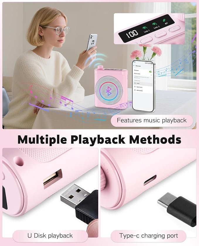 Tearstone Voice Amplifier for Teachers with Bluetooth, Dual Magnetic Mics | Portable Rechargeable Speaker with Clip-On Lapel Microphones for Classroom, Tour Guide, Public Speaking, Training (Pink) - Image 5