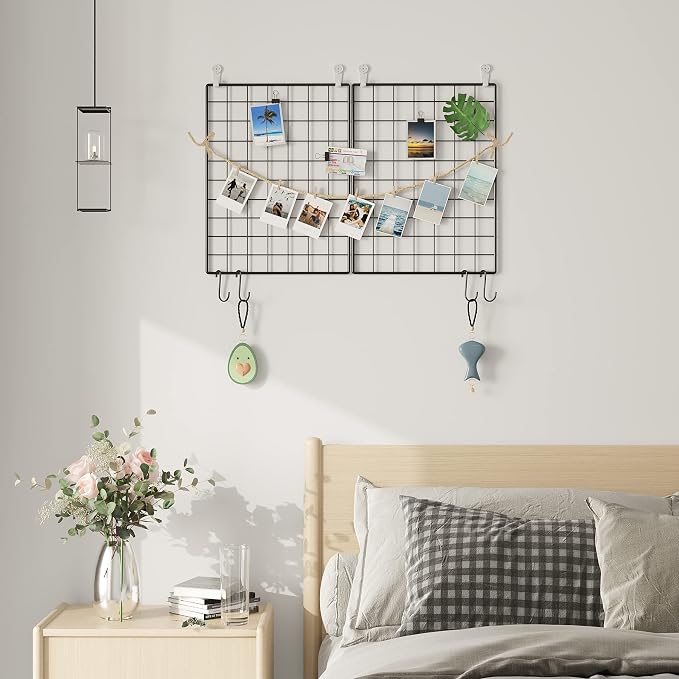 C&AHOME Photo Wall Display Set of 2, Wall Grid Panel, 17.7" x 25.6", Black | Photo Display Shelves, Wall Storagae Organizer, Hooks, Clips, Hemp Cord, Hammer - Image 3
