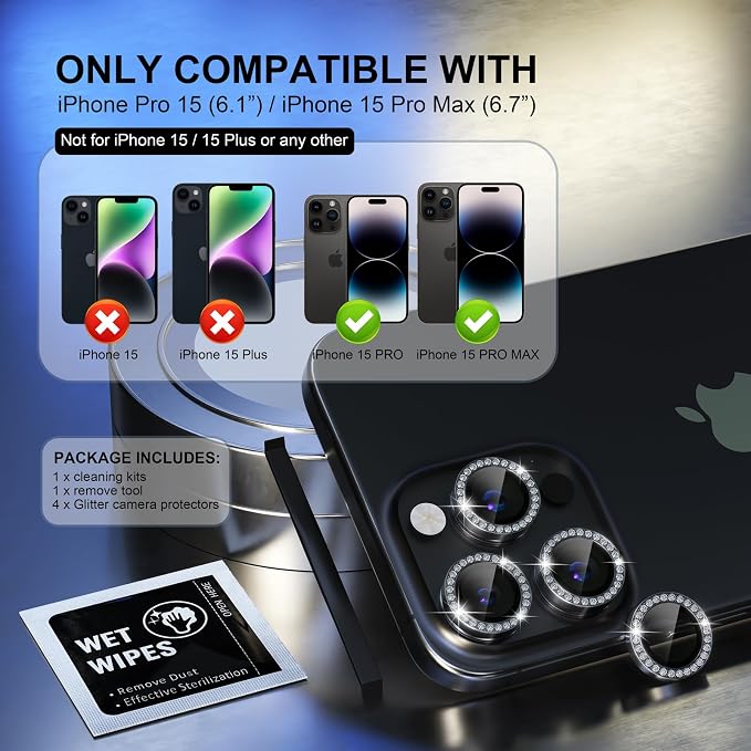 Choiche for iPhone 15 Pro/iPhone 15 Pro Max Camera Lens Protector | Ultra HD, Bling 9H Tempered Glass Camera Cover Screen Protector Metal Ring Decoration Accessories (Diamond-Black) - Image 2