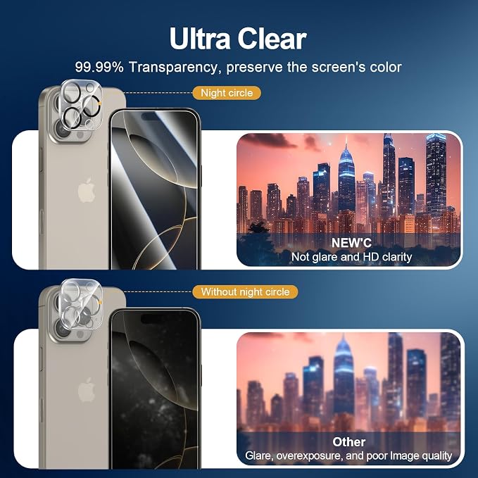 NEW'C 3x for iPhone 16 Pro Screen Protector (6.3 inches)+ 3x Camera Lens Protector, Sensor Protection, Case Friendly Tempered Glass Film + Dust Plug- Easy installation tool include - Image 7