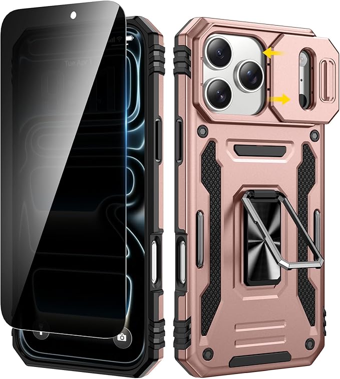VEGO for iPhone 17 Pro Case with Slide Camera Cover and Kickstand Rose Gold | Privacy Screen Protector & Ring Kickstand Military Grade Heavy Duty Protection Cover for iPhone 17 Pro - Rose Gold by VEGO