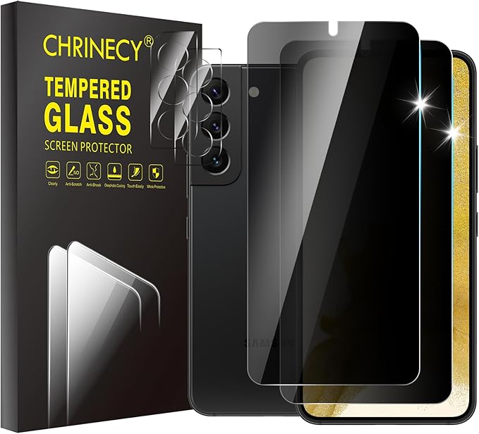 2+2 Pack Privacy Screen Protector for Samsung Galaxy S22 | With Camera Lens Protectors, 9H Tempered Glass, Anti-Spy, Case Friendly, Easy Installation by CHRINECY