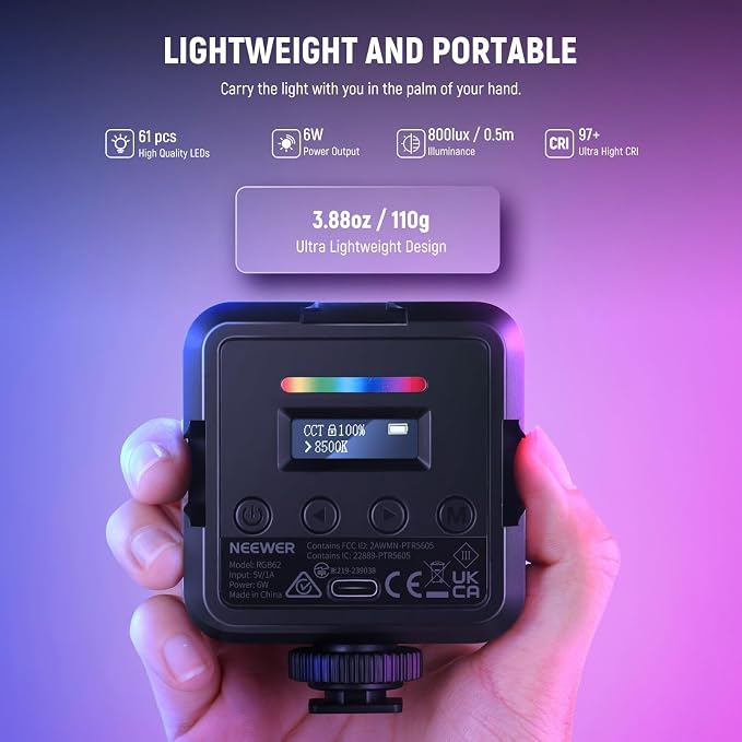 NEEWER RGB62 Magnetic RGB Video Light with APP Control, 2 Pack 360° Full Color LED Camera Light with 3 Cold Shoes CRI97+ 2500K-8500K 17 Scenes 2000mAh Rechargeable Portable Photography Selfie Lighting - Image 2