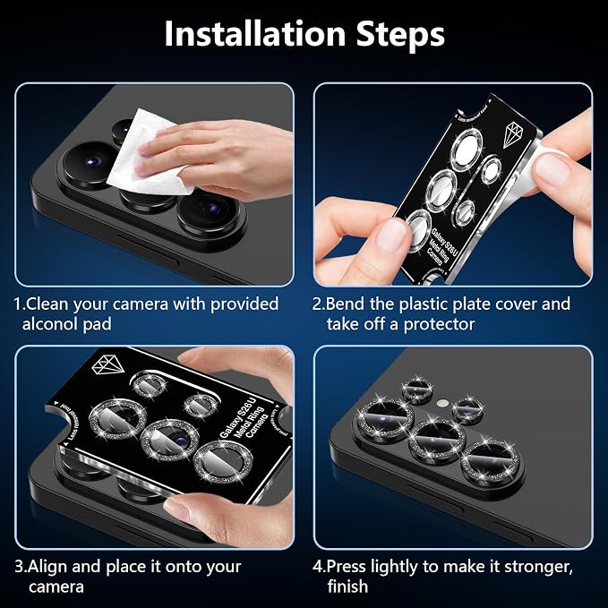 for Samsung Galaxy S26 Ultra Camera Lens Protector, Individual Metal Ring Tempered Glass Lens Cover, [Strong Adsorption] Scratch Resistant Ultra-Thin HD Clear Lens Cover, 1 Set-Black Sparkly - Image 7