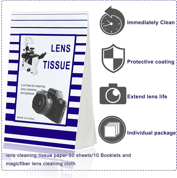 Outus 500 Pcs Lens Cleaning Paper with 2 Cloths Camera Optics Wipe Booklet | Lint-free Tissue for Camera Lenses, Eyeglasses, Screens, Microscopes, Includes 2 Double Sided Microfiber Cleaning Cloths - Image 2