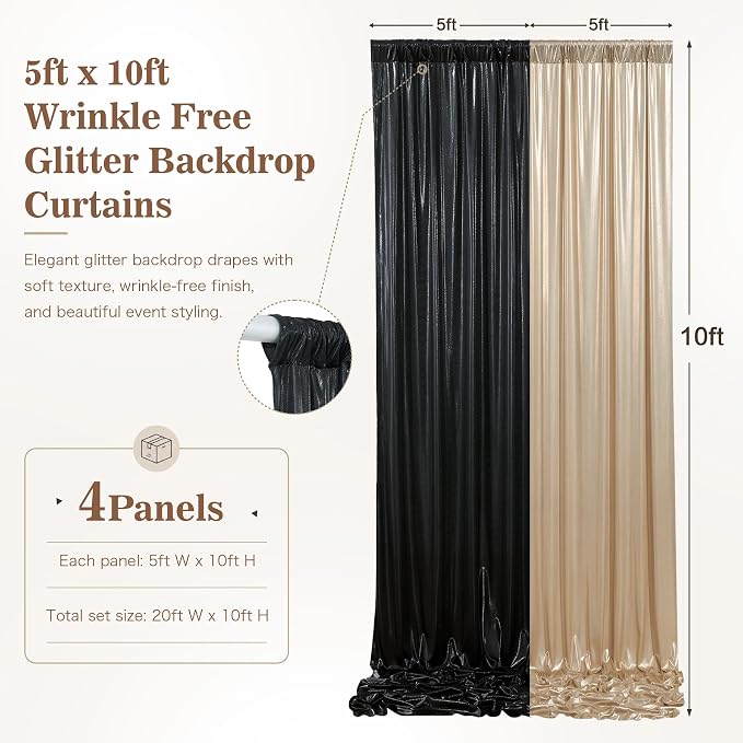20ft x 10ft Champagne Black Sequin Backdrop Curtain for Parties, Wrinkle Free Glitter Photo Backdrop Drapes 4 Panels 5x10ft Back Drop Cloth for Wedding Photography Background - Image 7