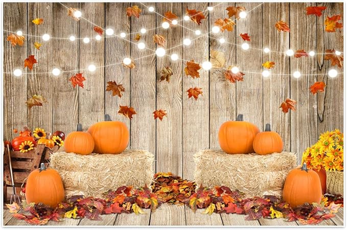 Autumn Thanksgiving Backdrop 10x8ft Rustic Barn Harvest Photography Background Barn Door Falling Maple Leaves Hay Bales Pumpkins Kids Baby Adult Portrait Shoot Fall Photo Booth Props by Leowefowa